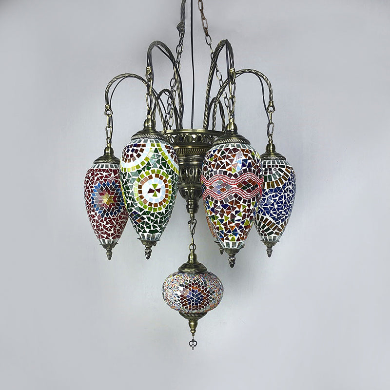 Hanging Chandelier: 7-Bulb Coffee House Tradition Pendant Light with Colorful Glass Shade