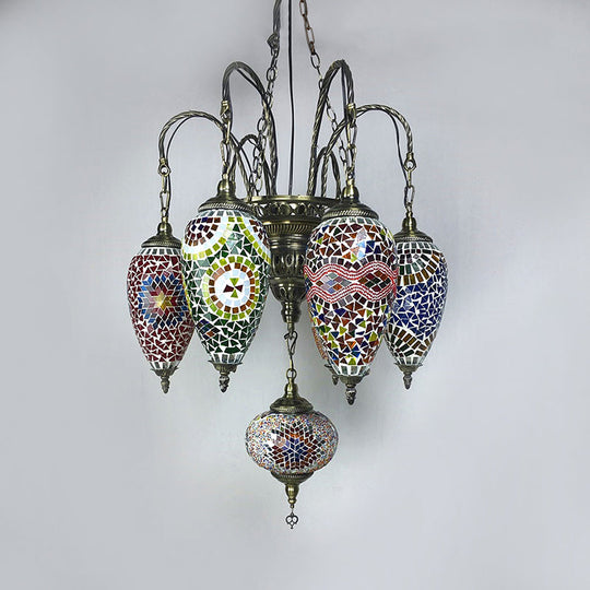 Hanging Chandelier: 7-Bulb Coffee House Tradition Pendant Light with Colorful Glass Shade