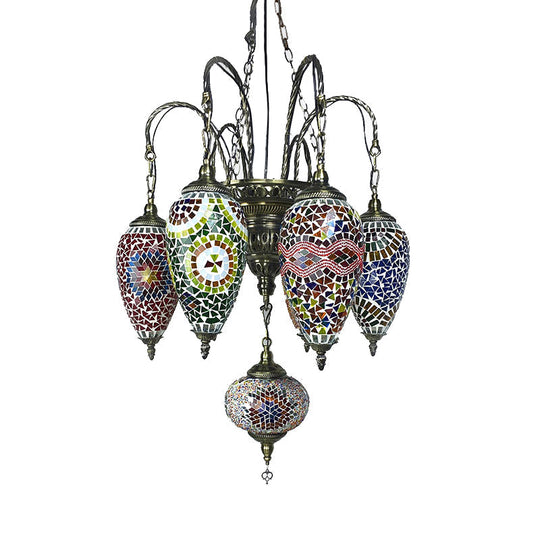 Hanging Chandelier: 7-Bulb Coffee House Tradition Pendant Light with Colorful Glass Shade