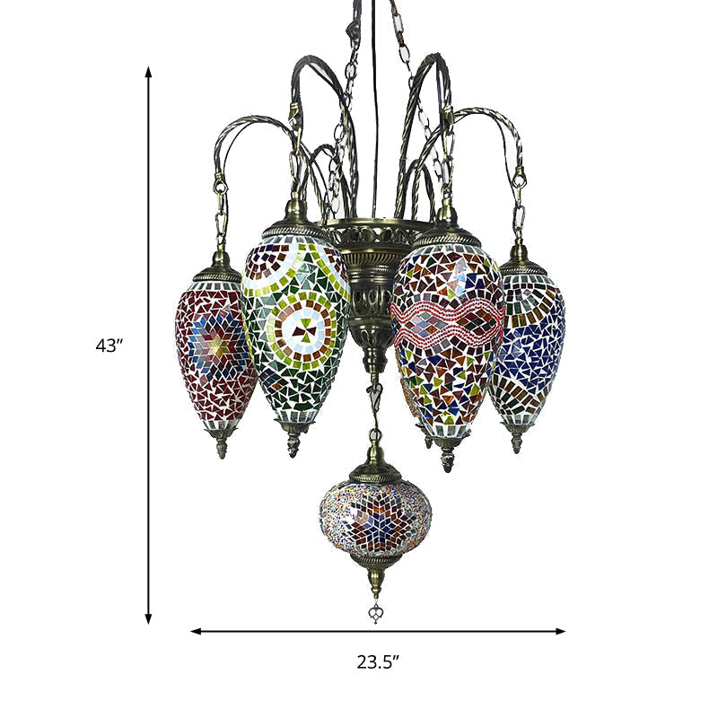Hanging Chandelier: 7-Bulb Coffee House Tradition Pendant Light with Colorful Glass Shade