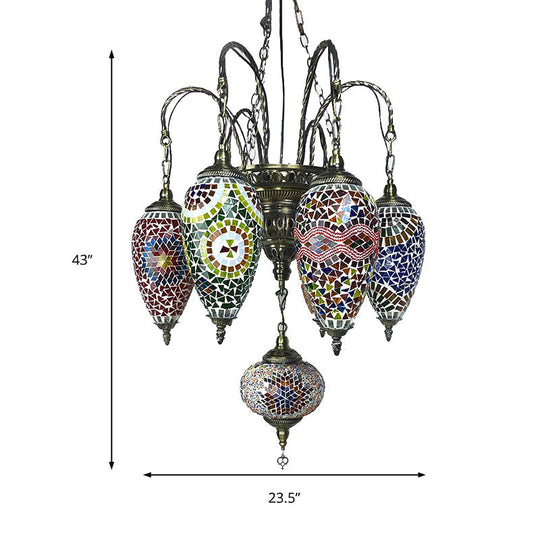 Hanging Chandelier: 7-Bulb Coffee House Tradition Pendant Light with Colorful Glass Shade
