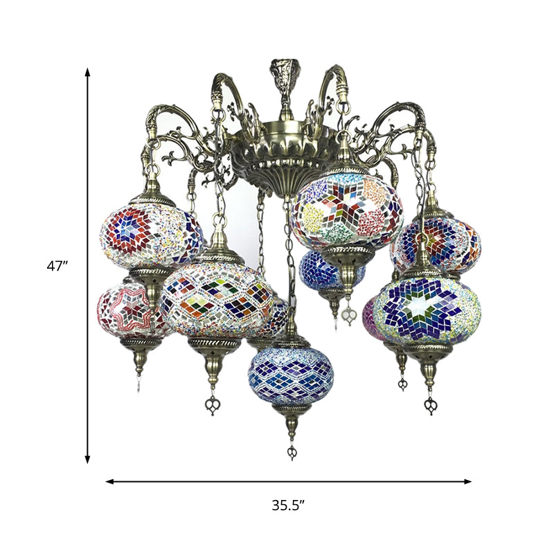 Antique Curved Arm Bronze Chandelier with 11 Glass Shades – Global Colorful Hanging Light Kit
