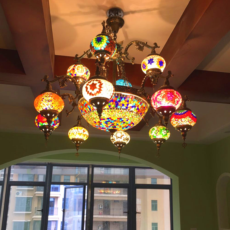 Traditional Curved Arm Metal Chandelier with Colorful Glass Shades - Bronze Finish (15 Heads)
