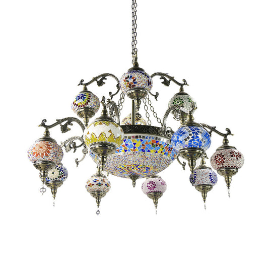 Traditional Curved Arm Metal Chandelier with Colorful Glass Shades - Bronze Finish (15 Heads)