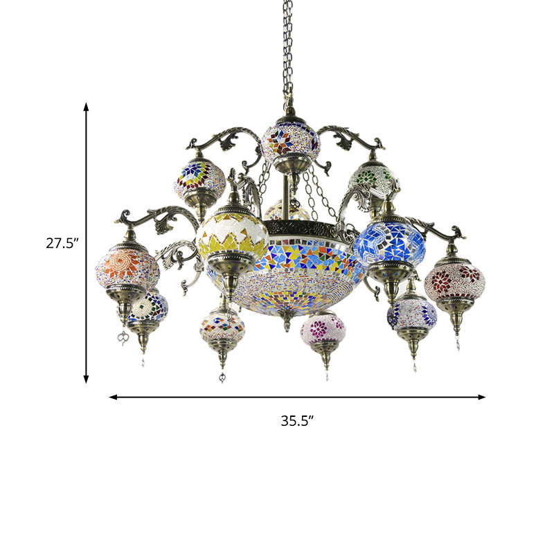 Traditional Curved Arm Metal Chandelier with Colorful Glass Shades - Bronze Finish (15 Heads)