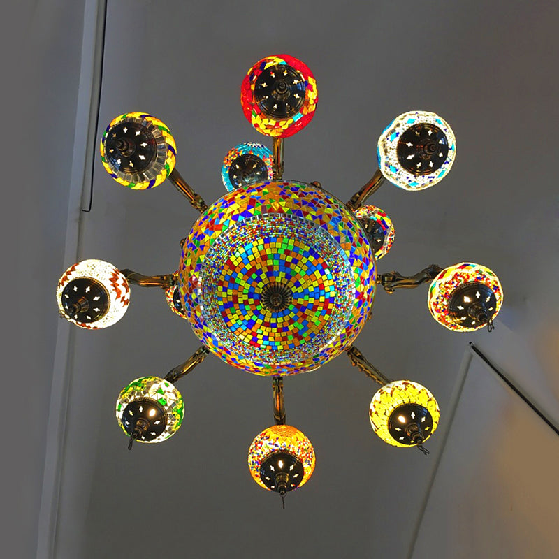 Traditional Curved Arm Metal Chandelier with Colorful Glass Shades - Bronze Finish (15 Heads)