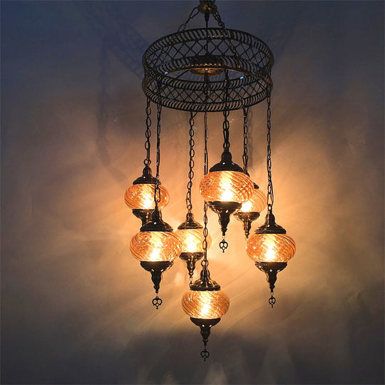Vintage Bronze Chandelier with Colorful Glass Shades - 3/5/7 Bulbs Pendant Light for Coffee House