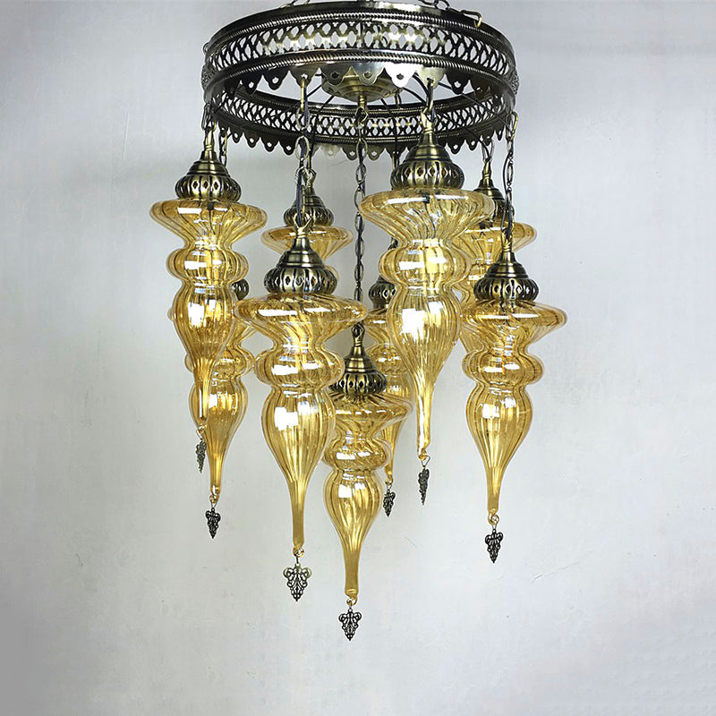 Bronze Traditional Curved Chandelier with Colorful Glass - 9 Bulb Suspension Light