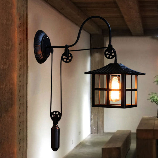 Farmhouse-Style Metal Wall Lamp with Pulley and 1 Light - Square/Rectangle Cage Indoor Décor in Black