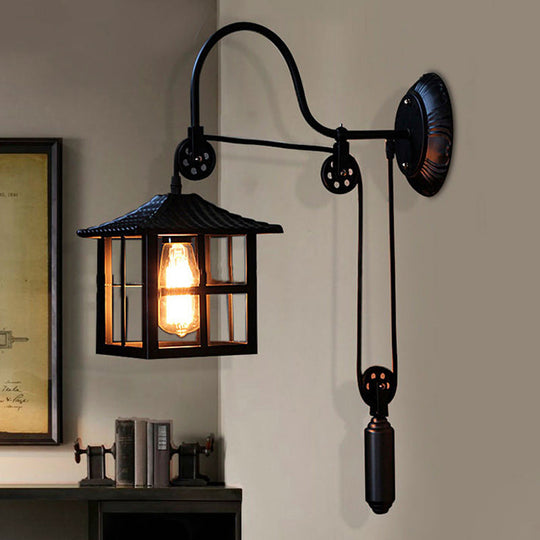 Farmhouse-Style Metal Wall Lamp with Pulley and 1 Light - Square/Rectangle Cage Indoor Décor in Black