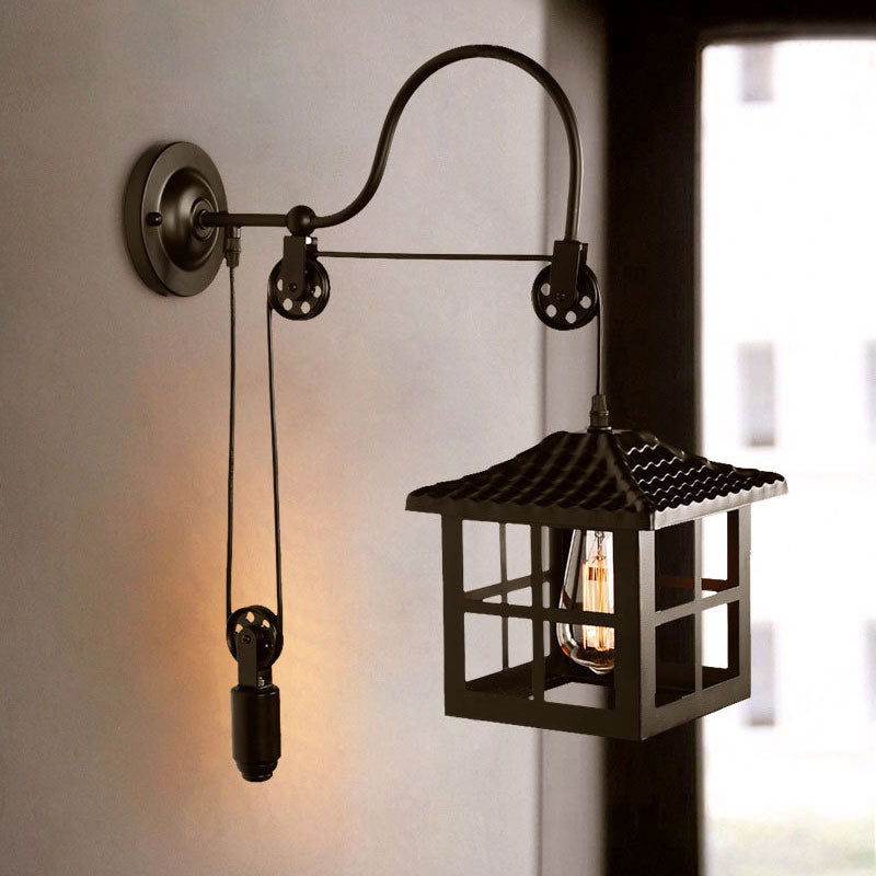 Farmhouse-Style Metal Wall Lamp with Pulley and 1 Light - Square/Rectangle Cage Indoor Décor in Black