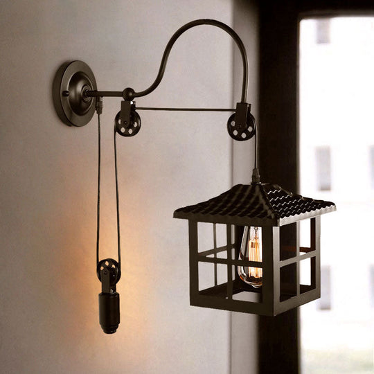 Farmhouse-Style Metal Wall Lamp with Pulley and 1 Light - Square/Rectangle Cage Indoor Décor in Black