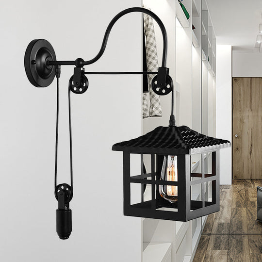 Farmhouse-Style Metal Wall Lamp with Pulley and 1 Light - Square/Rectangle Cage Indoor Décor in Black