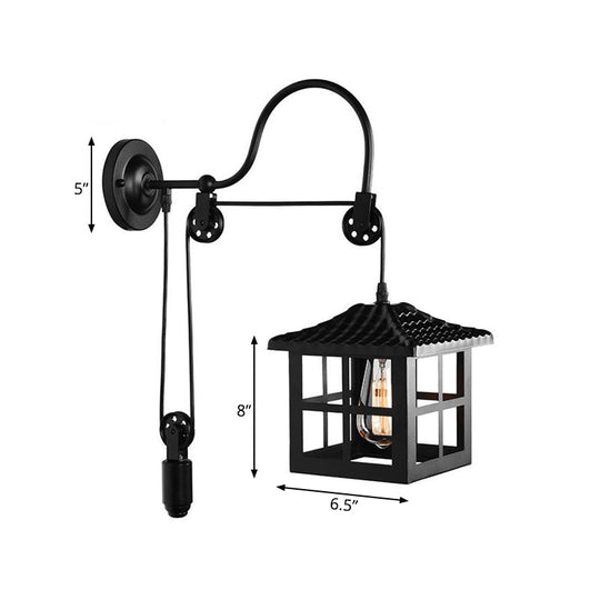 Farmhouse-Style Metal Wall Lamp with Pulley and 1 Light - Square/Rectangle Cage Indoor Décor in Black