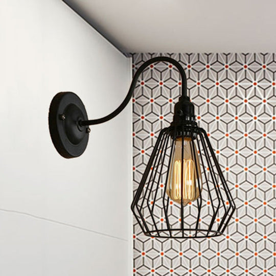Industrial 1-Head Black Gooseneck Wall Light with Cage Shade for Living Room