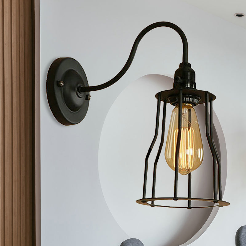 Industrial 1-Head Black Gooseneck Wall Light with Cage Shade for Living Room