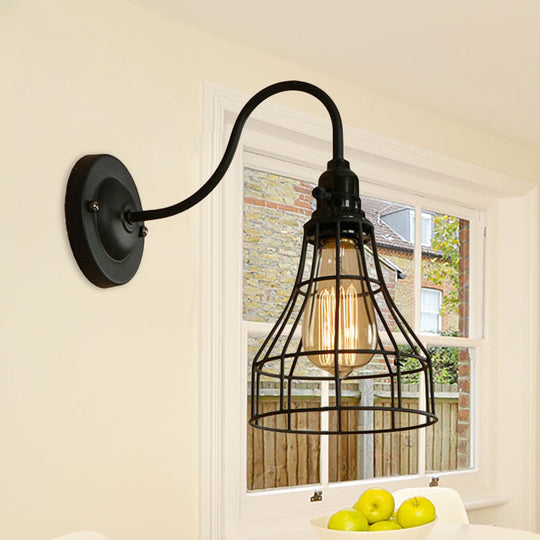 Industrial 1-Head Black Gooseneck Wall Light with Cage Shade for Living Room