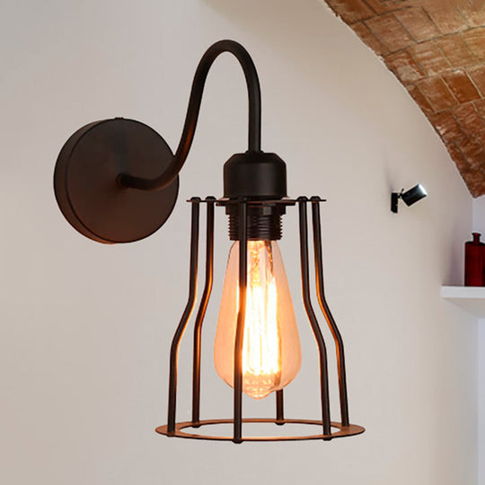 Vintage-Style Iron Caged Farmhouse Wall Sconce with Gooseneck Arm - 1 Light Black Wall Mount