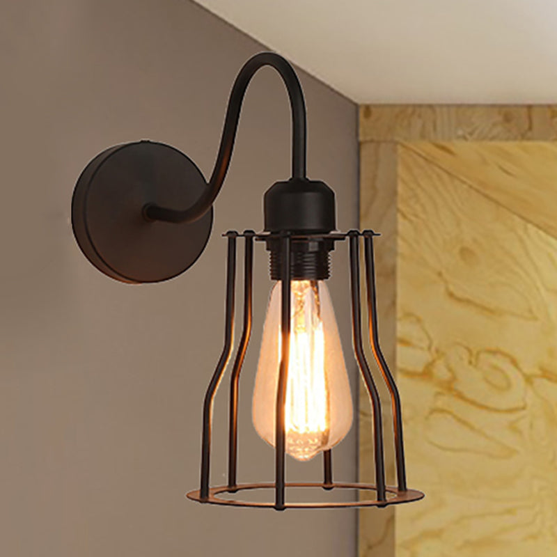 Vintage-Style Iron Caged Farmhouse Wall Sconce with Gooseneck Arm - 1 Light Black Wall Mount