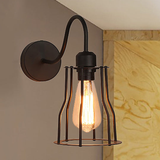Vintage-Style Iron Caged Farmhouse Wall Sconce with Gooseneck Arm - 1 Light Black Wall Mount
