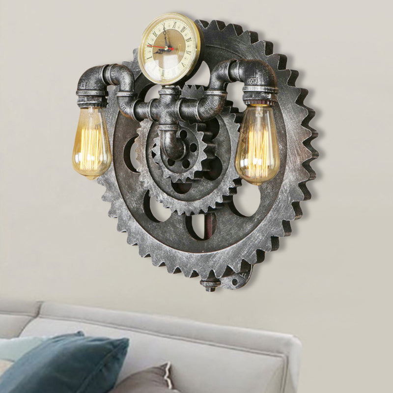 Industrial 2-Light Wrought Iron Wall Sconce - Exposed Bulb Wall Lighting in Aged Silver for Living Room