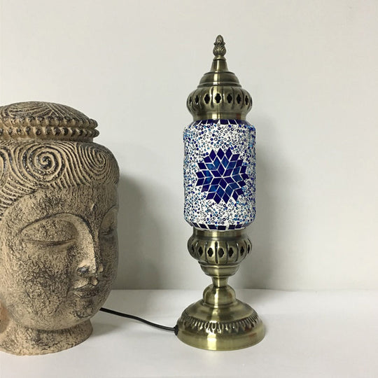 1-Bulb Cylinder Night Table Lamp with Red/Blue Glass Shade & Brass Metal Base - Task Lighting Tradition