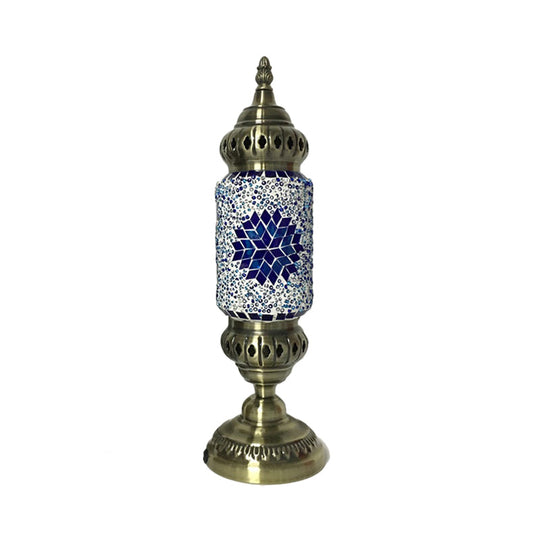 1-Bulb Cylinder Night Table Lamp with Red/Blue Glass Shade & Brass Metal Base - Task Lighting Tradition