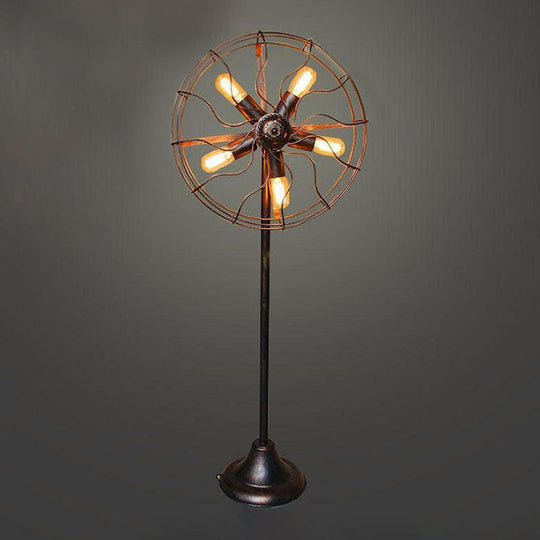 Antique Bronze 5-Light Fan Design Floor Lamp with Cage Shade - Rustic Loft Wrought Iron Indoor Lighting