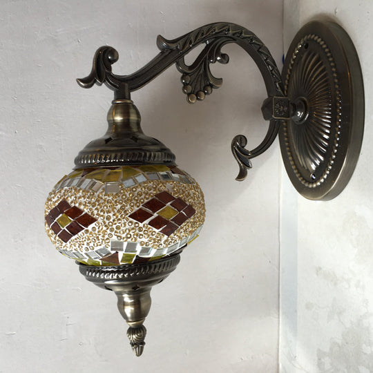 Curved Arm Sconce Light: Traditional Metal 1-Head Bronze Wall Lamp with Ball Yellow/Green Glass Shade for Balcony