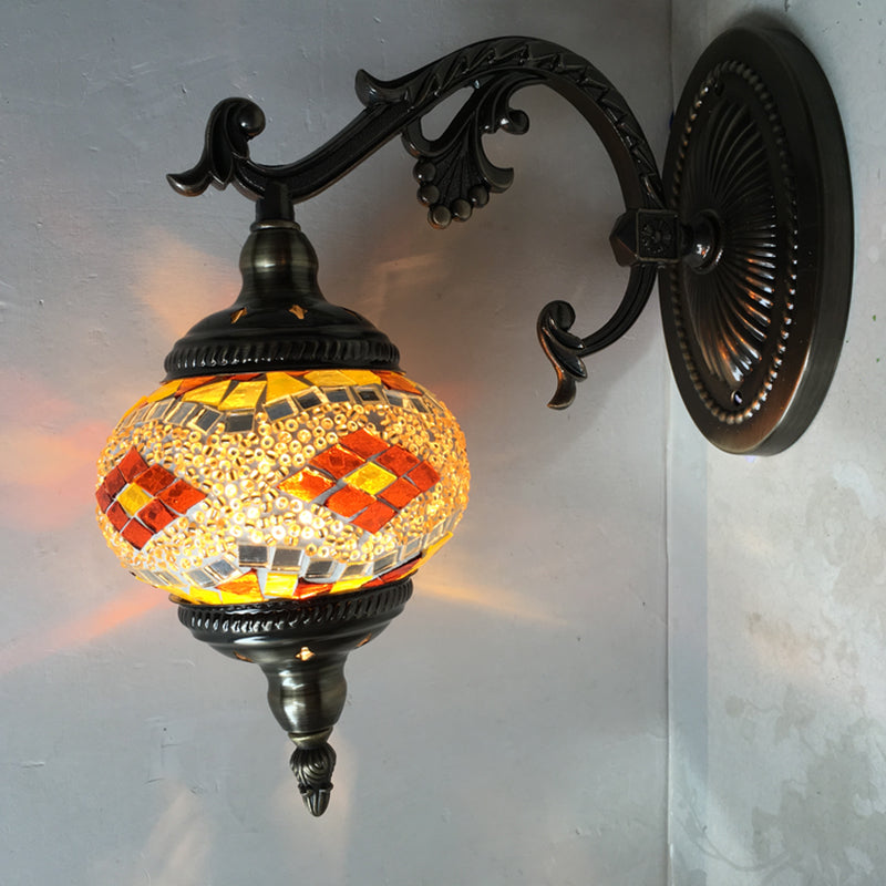 Curved Arm Sconce Light: Traditional Metal 1-Head Bronze Wall Lamp with Ball Yellow/Green Glass Shade for Balcony