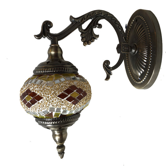 Curved Arm Sconce Light: Traditional Metal 1-Head Bronze Wall Lamp with Ball Yellow/Green Glass Shade for Balcony