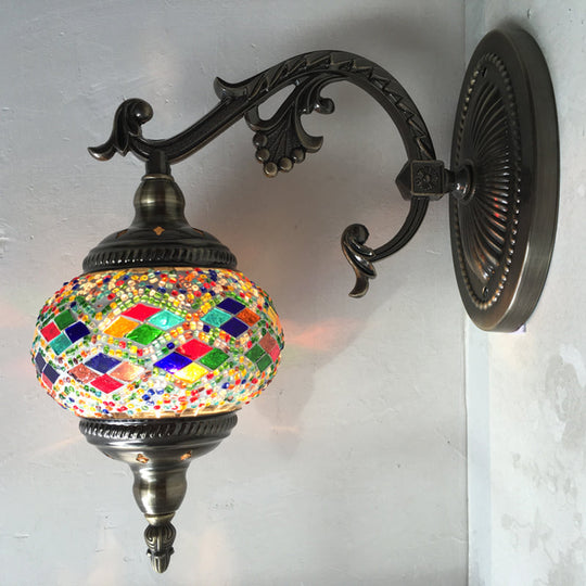 Curved Arm Sconce Light: Traditional Metal 1-Head Bronze Wall Lamp with Ball Yellow/Green Glass Shade for Balcony