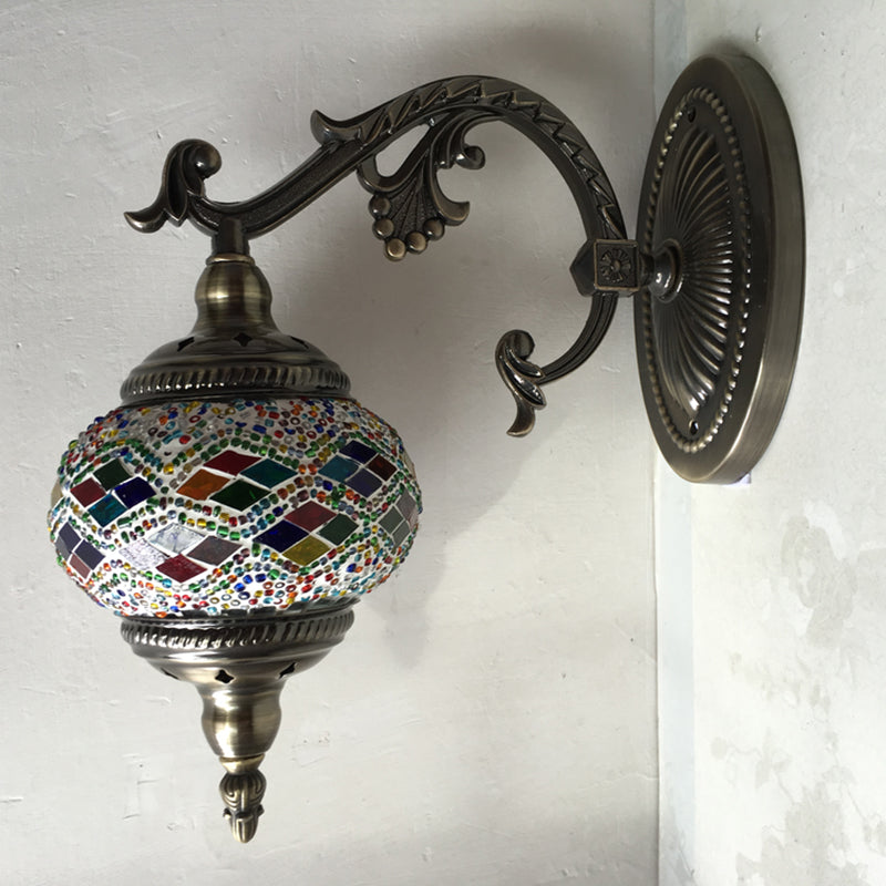 Curved Arm Sconce Light: Traditional Metal 1-Head Bronze Wall Lamp with Ball Yellow/Green Glass Shade for Balcony