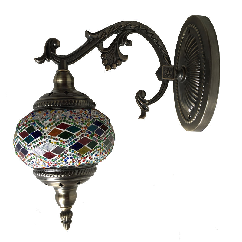 Curved Arm Sconce Light: Traditional Metal 1-Head Bronze Wall Lamp with Ball Yellow/Green Glass Shade for Balcony