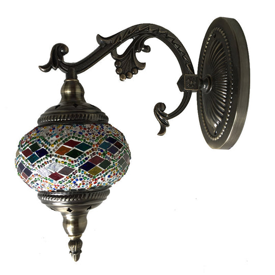 Curved Arm Sconce Light: Traditional Metal 1-Head Bronze Wall Lamp with Ball Yellow/Green Glass Shade for Balcony