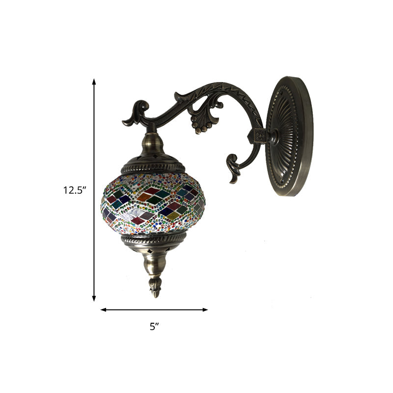 Curved Arm Sconce Light: Traditional Metal 1-Head Bronze Wall Lamp with Ball Yellow/Green Glass Shade for Balcony