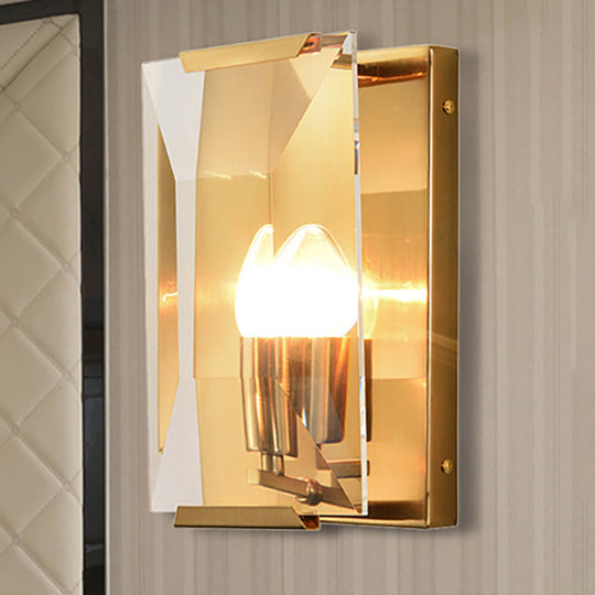 Modern Black/Brass Rectangular Sconce Light with Clear Faceted Crystal and 1 Bulb