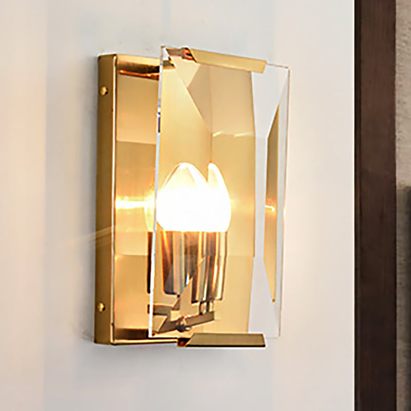 Modern Black/Brass Rectangular Sconce Light with Clear Faceted Crystal and 1 Bulb