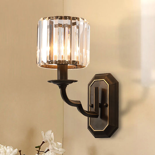 Vintage Metallic Wall Lamp with Clear Crystal Facets - Cylindrical 1-Head Black Fixture