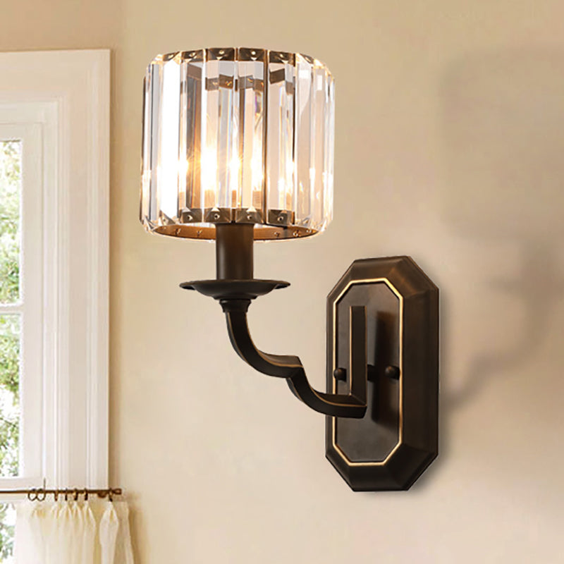 Vintage Metallic Wall Lamp with Clear Crystal Facets - Cylindrical 1-Head Black Fixture