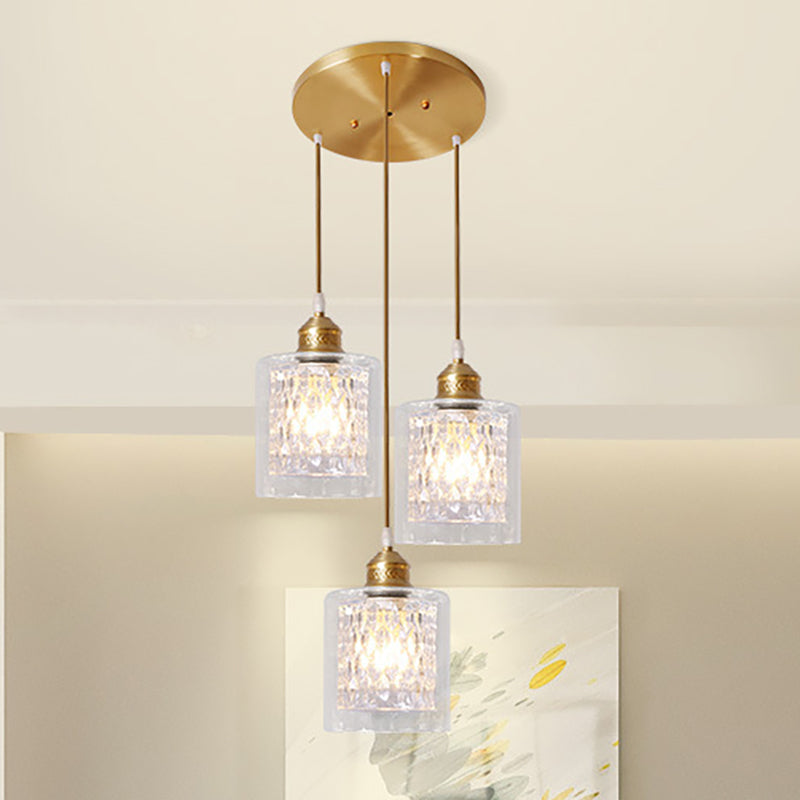 Modern Brass Cylinder Pendant Light with Prismatic Glass Shade - 3 Lights, Linear/Round Canopy