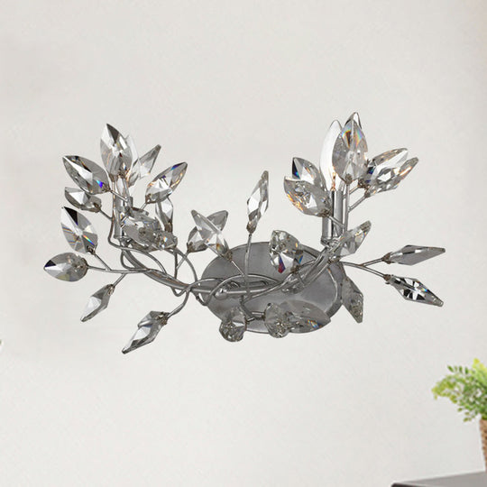 Modern Crystal Leaf Sconce Light - 2 Lights, Gold/Silver Wall Mount for Living Room