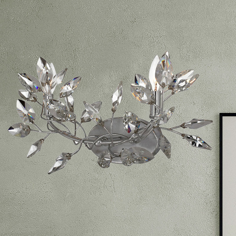Modern Crystal Leaf Sconce Light - 2 Lights, Gold/Silver Wall Mount for Living Room