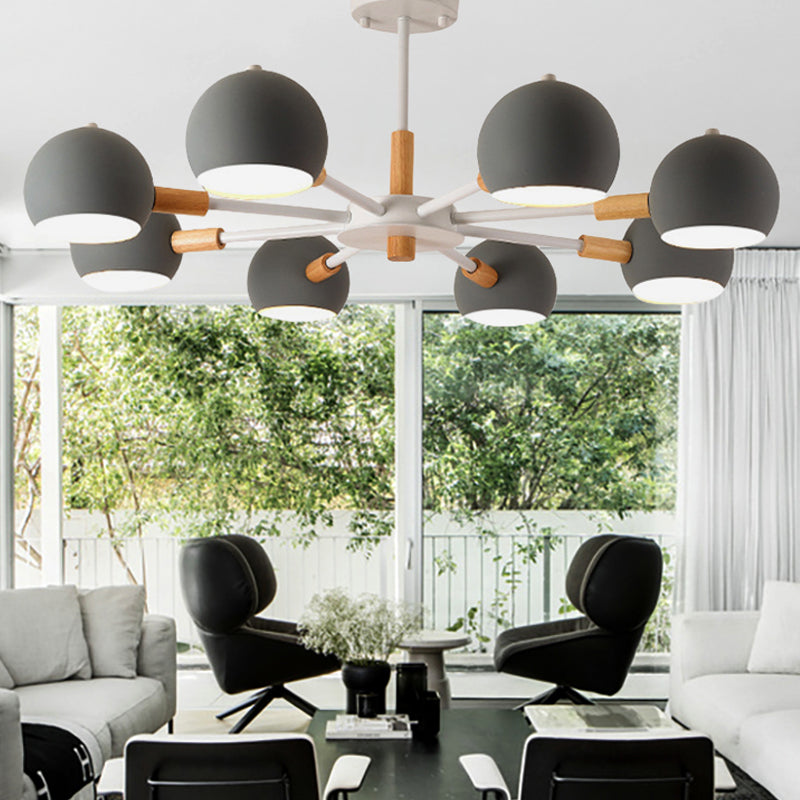 Wood Snowflake Hanging Lamp with Orb Shade - 8-Head Macaron Chandelier