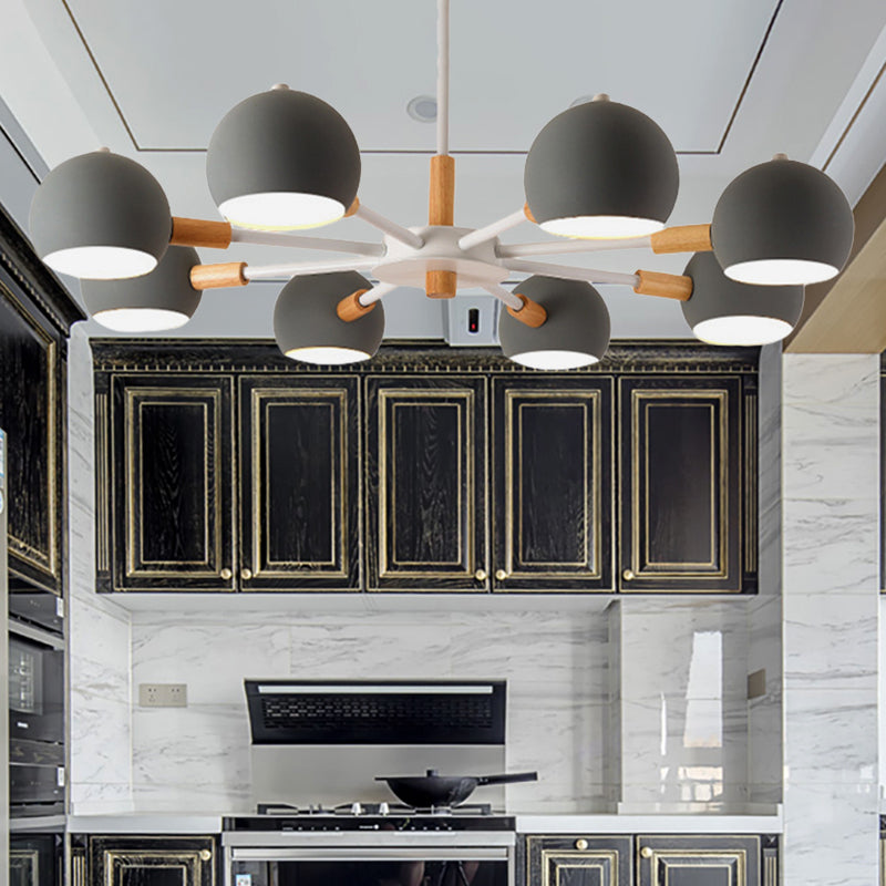 Wood Snowflake Hanging Lamp with Orb Shade - 8-Head Macaron Chandelier