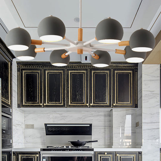 Wood Snowflake Hanging Lamp with Orb Shade - 8-Head Macaron Chandelier