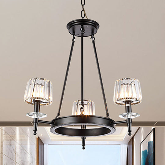 Vintage Black Barrel Hanging Light: Metal Chandelier with Prismatic Glass Shades - 3/6/8 Lights