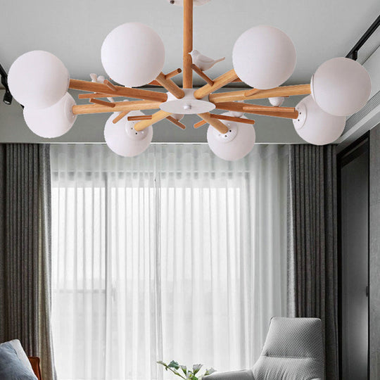 Rustic Wood Pendant Light with White Globe Shade and Bird Detail - Ideal for Dining Room