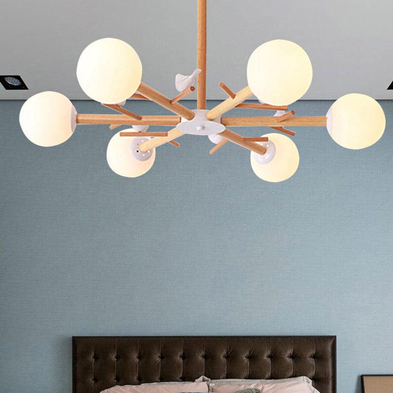 Rustic Wood Pendant Light with White Globe Shade and Bird Detail - Ideal for Dining Room