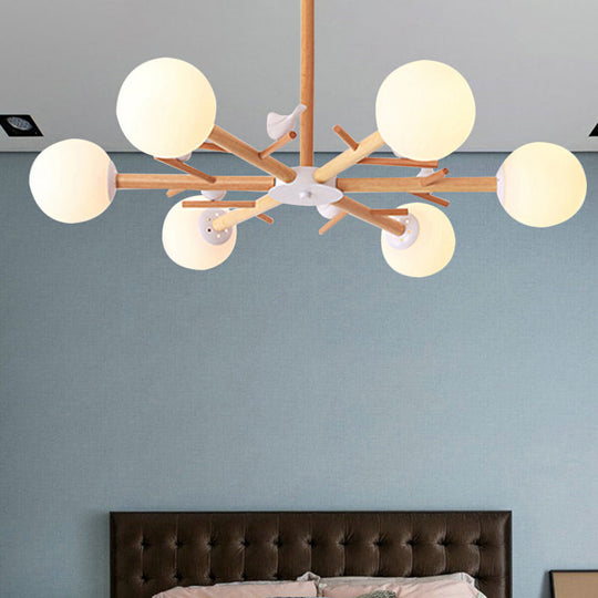 Rustic Wood Pendant Light with White Globe Shade and Bird Detail - Ideal for Dining Room